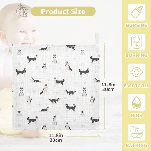 Baby Siberian Husky Dog Muslin Washcloths 3 Pack - Muslin Burp Cloths Hanky Large 11.8"X11.8" Extra Soft Absorbent Baby Burp Rags for Newborn 100% Cotton for Boys Girls Gift - size: one sizex3