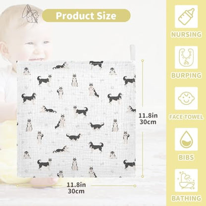 Baby Siberian Husky Dog Muslin Washcloths 3 Pack - Muslin Burp Cloths Hanky Large 11.8"X11.8" Extra Soft Absorbent Baby Burp Rags for Newborn 100% Cotton for Boys Girls Gift - size: one sizex3