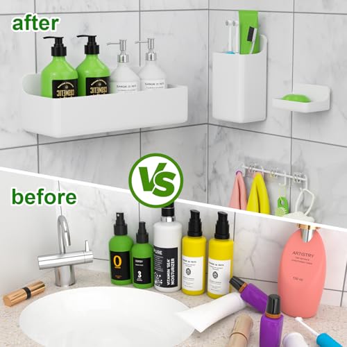 Adhesive Shower Caddy Shower Shelves Bathroom Organizer and Storage | 6 Pack，Rustproof，No Drilling，with Soap Holder，Clear，Acrylic， Large Capacity，Removable and Reusable，Plastics，Wall-Mounted - color: white