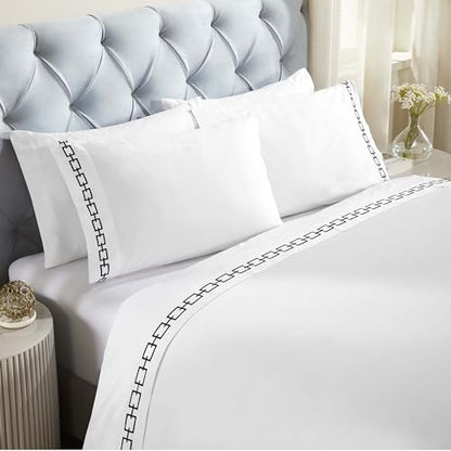 Superior Embroidered Cotton Bed Sheet Set, 1 Elastic Deep Pocket Fitted Sheet, 1 Flat Sheet, 2 Pillowcases, Daily Soft Sheets, Luxury, Unique Design, Chain Links Collection, Queen Size, White/Black - color: White-black, size: Queen