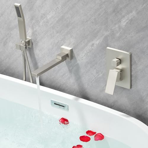 DASAN Swiveling Wall Mount Tub Filler Faucet Set with Hand Held Shower, Brushed Nickel Modern Creative Bathtub Faucet Wall Mounted Bath Tub Faucet with High Flow Rough in Valve, SA-TF05WH-BN - color: Brushed Nickel