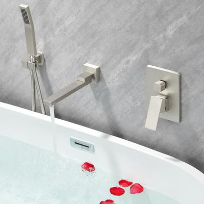 DASAN Swiveling Wall Mount Tub Filler Faucet Set with Hand Held Shower, Brushed Nickel Modern Creative Bathtub Faucet Wall Mounted Bath Tub Faucet with High Flow Rough in Valve, SA-TF05WH-BN - color: Brushed Nickel