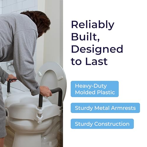 Drive Medical 2-in-1 Raised Toilet Seat with Removable Padded Arms | Raised Toilet Seat Offers Removable Padded Arms and Secure Locking Attachment for Standard Toilets and Safety