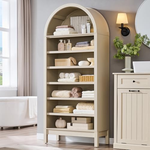 IFBUY 71" Tall Arched Bathroom Storage Cabinet, 7-Tier Modern Farmhouse Storage Cabinet with Adjustable Shelves, Wood Freestanding Cabinet for Bathroom, Living Room, Entryway, Hallway (Cream) - color: Cream, size: 71" Tall 7-Tiers(Large)