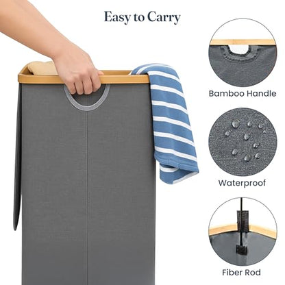 Fine Living Co.100L Large Laundry Hamper with Lid Dirty Clothes Hamper Gray | Narrow Foldable Slim Laundry Basket with Bamboo Handles, Tall Skinny Hamper for Dorm, Bathroom & Bedroom - color: Solid Gray