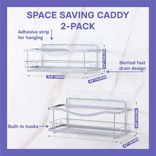 Iron Shower Caddies - Self Adhesive Bathroom Shelves for Showers - Wall Organizer Shampoo Holder Shelf - Peel and Stick On Caddy Bath Tub Rack - Pack of 2 Holders - Silver