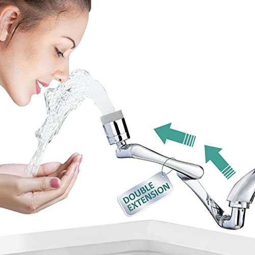 CECEFIN 1080°Rotating Faucet Extender Double Extension - Swivel Long Arm Robotic Faucet Aerator for Bathroom Kitchen Sink, Universal Spout Spray Attachment 2-Mode Outlet Face/Hair/Toddlers Hands Wash - color: E- Silver4- Long Arm Aerator