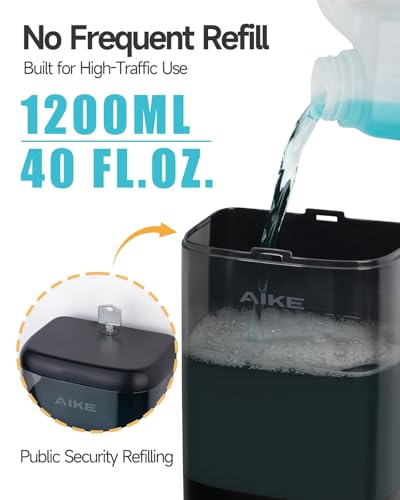 AIKE Wall Mount Foaming Soap Dispenser for Bathrooms,40 oz AK1007F,Black | Screw Wall Mount Install Design for Space-Saving,Transparent Pot with Key and Large Capacity for Commercial Bathroom,AK1007F