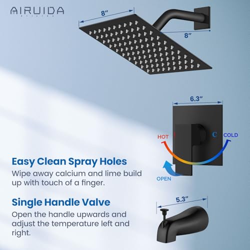 Airuida 8 Inch Shower Faucet Set,Bathtub Faucet Kit,Matte Black | Shower Tub Faucet Set,Male Threads Rough-In Valve,Square Head Shower System - color: Black, size: 8 Inch