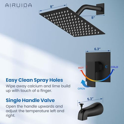 Airuida 8 Inch Shower Faucet Set,Bathtub Faucet Kit,Matte Black | Shower Tub Faucet Set,Male Threads Rough-In Valve,Square Head Shower System - color: Black, size: 8 Inch