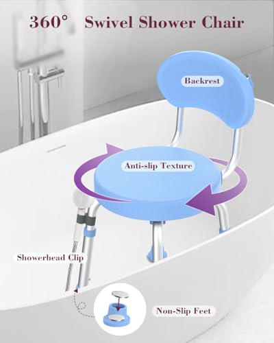 Swivel Shower Chair with Back, 360° Height Adjustable Shower Stool, Compact Space-Saving Design for Small Showers, Non-Slip Bathroom Chair for Seniors & Elderly (Blue) - color: Blue