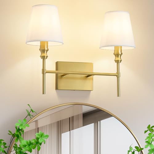Bathroom Light Fixtures Over Mirror,Brush Brass Vintage Wall Sconces, 2-Light Bathroom Vanity Light With Flared White Fabric Lampshade For Bedroom,Living Room,Hallway,Foyer,Hardwired, E12 Base - color: Brass, size: 2-Light 18.5 IN