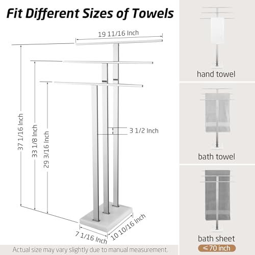 KES Heavy Marble Base Standing Towel Rack, 3-Tier Stainless Steel, Polished | Freestanding Design, No-Drill Assembly, Tiered Bars For Bath Sheets, Bath Towels, Hand Towels, Anti-Slip Pads - color: Polished Silver
