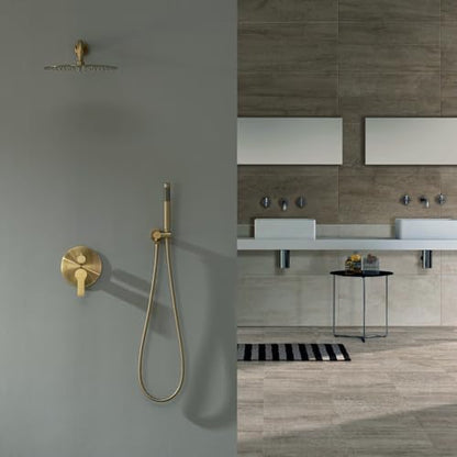 Iriber Brushed Gold Shower System Wall Mounted Shower Faucet Mixer Set with 12 Inches Rain Shower head and Handheld, Bathroom Modern Rainfall Shower Trim Kit (Contain Valve Cartridge) - color: Brushed Gold 02
