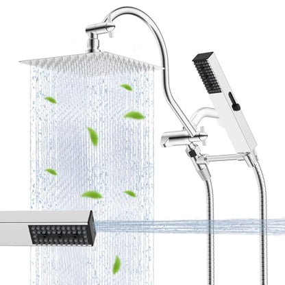 Hibbent All Metal cUPC Certified Shower Head, 10'' High Pressure Rainfall Shower Head, Showerhead Combo, Handheld Shower Wand, 12'' Adjustable Extension Arm, 4-Spray, 71'' Hose, Shower Holder, Chrome - color: Chrome, style: Square 10''