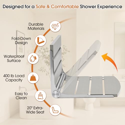 20" Folding Shower Seat, Fold Down Shower Seat Wall Mounted, Stainless Steel Frame with HDPS Seat, 400 lb Load Capacity, Folding Shower Bench for Seniors & Elderly (Gray) - color: Gray