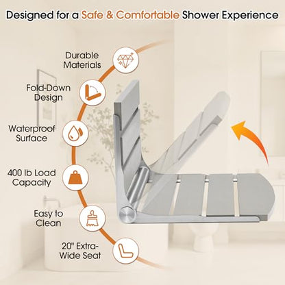 20" Folding Shower Seat, Fold Down Shower Seat Wall Mounted, Stainless Steel Frame with HDPS Seat, 400 lb Load Capacity, Folding Shower Bench for Seniors & Elderly (Gray) - color: Gray