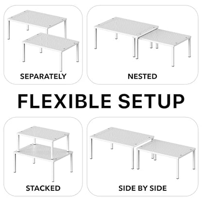 Simple Houseware Expandable Stackable Kitchen Counter Shelf Organizer, White, Metal Top, 11.25"L x 7.9"W x 5.4"H | Expandable & Stackable 9" D x 12.75" W x 5.9" H - color: White