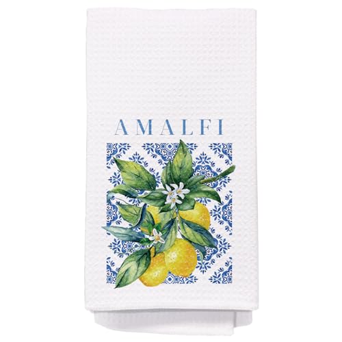 Italian Amalfi Coast Lemon Kitchen Towels, Lemon Gifts for Women Dish Tea Towels for Kitchen, Blue and White Floral Mediterranean Tiles Lemons Tree Decorative Hand Towel, 16x24 Inch - color: Lemon-02