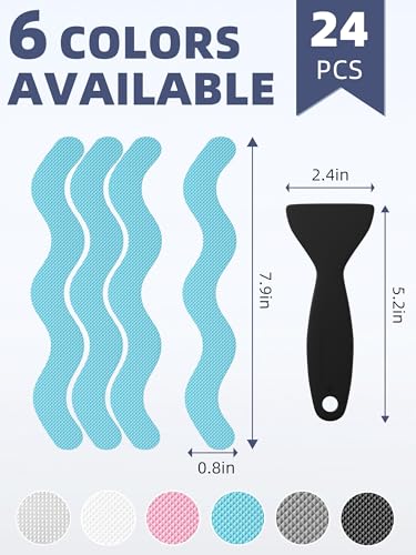 Secopad 24PCS Anti-Slip Shower Stickers with Scraper, 0.8"*8", Blue | Patented, Non Slip, Easy to Use and Clean,Strong Adhesive & No Residue, For Bath Tub, Shower Floor, Stairs, Safe PEVA Decals - color: Blue