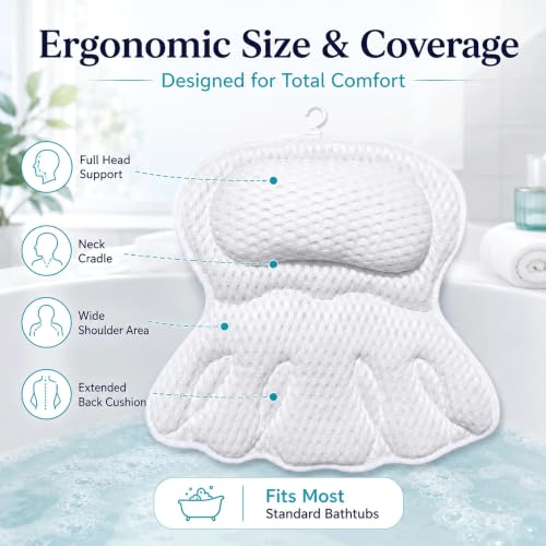 Bath Pillow for Tub, Soft Mesh Bathtub Pillow for Head Neck Back and Shoulder Support, Non-Slip Tub Pillow for Bathtub with 6 Secure Suction Cups and Hanging Hook, Bath Cushion for Soaking Tub