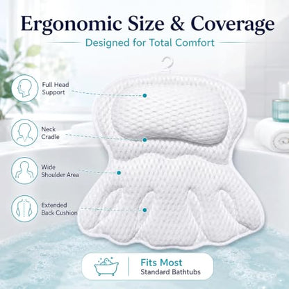 Bath Pillow for Tub, Soft Mesh Bathtub Pillow for Head Neck Back and Shoulder Support, Non-Slip Tub Pillow for Bathtub with 6 Secure Suction Cups and Hanging Hook, Bath Cushion for Soaking Tub