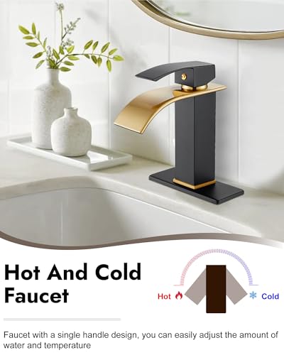 Midanya Waterfall Bathroom Faucet 1 Hole,Brushed Gold Spout/Matte Black | with 24” Hoses,Pop Up Drain,6” Deck Plate,for 1 or 3 Hole Vanity,Lavatory,RV,Single Handle Bathroom Sink Faucet,NSF Certified - color: Gold Spout/Black