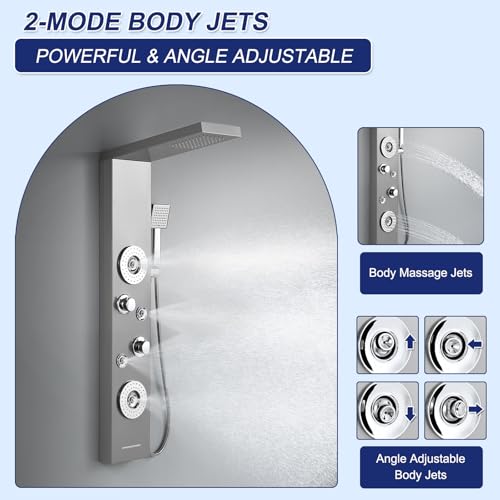 ROVATE 5 in 1 Rainfall Shower Panel Tower with Tub Spout, Brushed Finish | Stainless Steel Shower Column with 2-Setting Body Massage Jets, Flexible Handheld and Waterfall Tub Spout - color: Brushed Finish