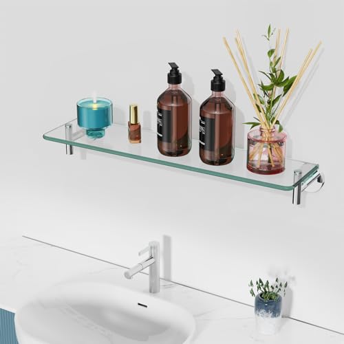 Glass Shelves for Bathroom,16-Inch Chrome Polished Floating Bathroom Shelf Stainless Steel Tempered Glass Shelf Modern Shelves wall Mounted - color: Chrome Polished, size: 16"without railing