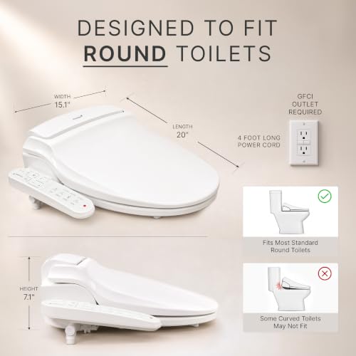SmartBidet® SB-2000 Smart Bidet Electric Bidet Toilet Seat with Heated Seat, Warm Water, Air Dryer – Side Control Panel, Round - size: Round