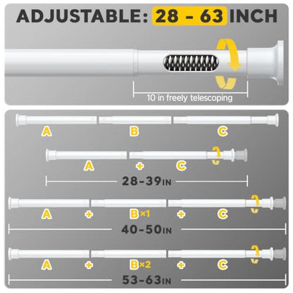 White Tension Rods 28 to 63 Inch,1"Heavy Duty Spring Tension Curtain Rod，No Slip No Drill Adjustable Shower Tension Curtain Rod for Bathroom, Window, Closet & Wardrobe - color: White, size: 28-63 inch