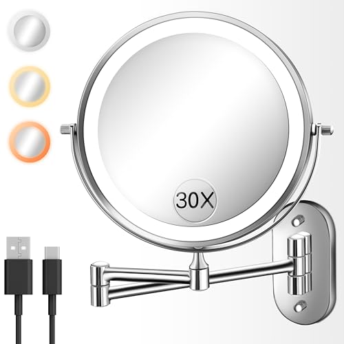 30X/1X 8 Inch Wall Mounted Magnifying Makeup Mirror with Light for Bathroom | 3500mAh Double Sided Rechargeable LED Lighted Vanity Mirror with Magnification 3 Color Light up Extended Arm 360 Rotation - color: 8inches-chrome