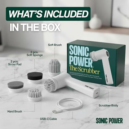 SonicPower Electric Spin Scrubber – Handheld & Ergonomic, IPX7 Waterproof, 4 Multi-Purpose Brush Heads, Long-Lasting Rechargeable Battery – Cleans Dishes, Bathroom, Tile, Grout & Kitchen (White) | Hard, Corner, Scour, Sponge - color: White