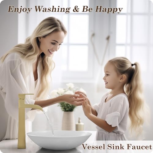 Brass Vessel Sink Faucets, Brushed Gold Tall Bathroom Faucet Single Handle, 1 Hole Bathroom Sink Faucet Waterfall Farmhouse Single Faucet Bathroom Sink with Pop-Up Drain & Pre-Installed Hoses - color: Brushed Gold - Elegant