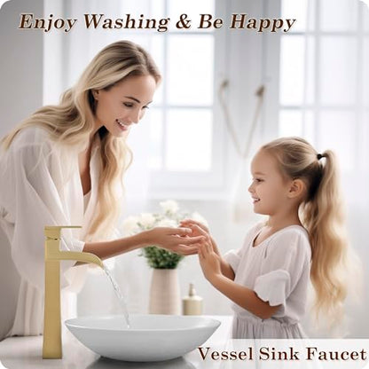 Brass Vessel Sink Faucets, Brushed Gold Tall Bathroom Faucet Single Handle, 1 Hole Bathroom Sink Faucet Waterfall Farmhouse Single Faucet Bathroom Sink with Pop-Up Drain & Pre-Installed Hoses - color: Brushed Gold - Elegant