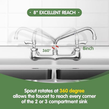 Wall Mount Kitchen Faucet, TOLSUNY Commercial Sink Faucet with 8-inch Swivel Spout, Brass Dual Handle Utility Laundry, Chrome Gooseneck Spout, for Laundry Room Restaurant Compartment Sink