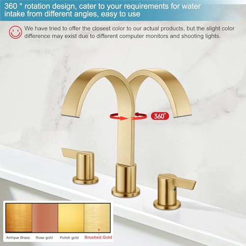 Midanya 8 Inch Widespread Bathroom Sink Faucet 3 Hole,Gold | Waterfall Swivel Spout,2 Handle,SUS304,with Pop Up Drain,cUPC 24" Water Hose,for 6-16” hole distance vanity,RV,Farmhouse Sink - color: Gold