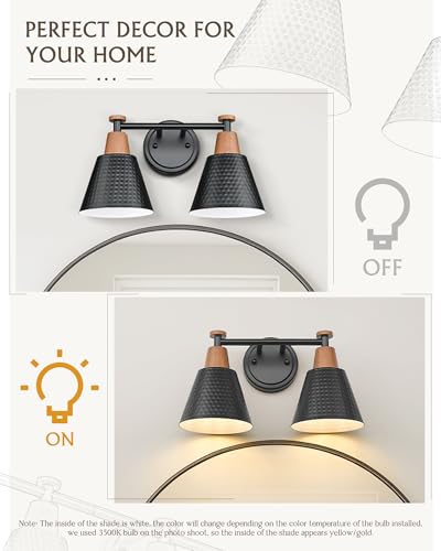FEMILA Modern 2 Light Bathroom Vanity Lights, Industrial Bathroom Light Fixtures Over Mirror, Black Vanity Lighting Fixtures, Woodgrain Finish, 4FG59B-2W BK-NW - color: Matte Black & New Woodgrain, size: 15"