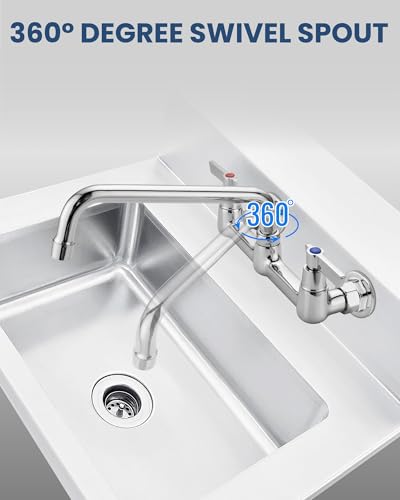 Airuida Wall Mount Commercial Kitchen Faucet,8 Inch Swivel Spout,8 Inch Center Utility Sink Faucet with Dual Handles,Solid Brass 360° Swivel Spout,Commercial Sink Faucet for Kitchen Laundry,Chrome | Commercial Sink Faucet,Dual Handles,Utility Sink Faucet,