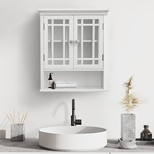 Teamson Home Neal Wooden Over The Toilet Bathroom Removable Wall Medicine Cabinet with 1 Fixed and 1 Adjustable Shelf 3 Storage Spaces 2 Glass Mosaic Doors and Crystal-Cut Acrylic Knobs, White | Detachable Over the Toilet Storage, Two Doors, Adjustable Sh