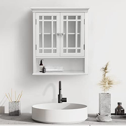 Teamson Home Neal Wooden Over The Toilet Bathroom Removable Wall Medicine Cabinet with 1 Fixed and 1 Adjustable Shelf 3 Storage Spaces 2 Glass Mosaic Doors and Crystal-Cut Acrylic Knobs, White | Detachable Over the Toilet Storage, Two Doors, Adjustable Sh