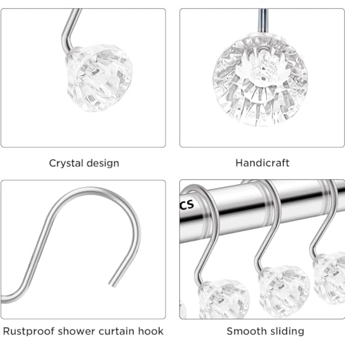 J&V TEXTILES Shower Curtain Hooks Rings, Rust Resistant Metal Double Glide Shower Hooks Rings for Bathroom Shower Rods Curtains, Set of 12 Hooks (Crystal Clear Accent) - color: Crystal Clear Accent