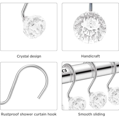 J&V TEXTILES Shower Curtain Hooks Rings, Rust Resistant Metal Double Glide Shower Hooks Rings for Bathroom Shower Rods Curtains, Set of 12 Hooks (Crystal Clear Accent) - color: Crystal Clear Accent