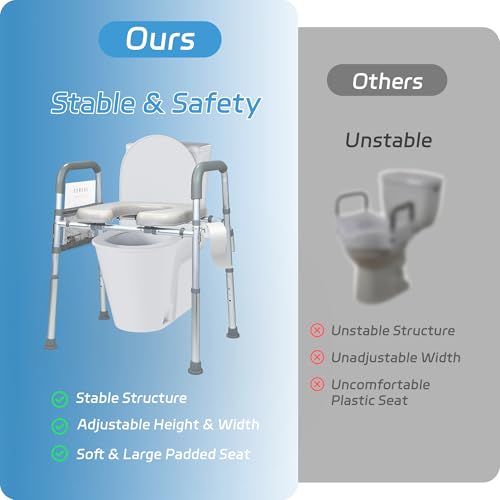 Raised Toilet Seat with Handles, 400lb, Adjustable Height & Width | Padded Comfort,Rust-Proof Aluminum,Non-Slip Feet, Height/Width Adjustable, Fit Any Toilets. Tool-Free Install, For Seniors