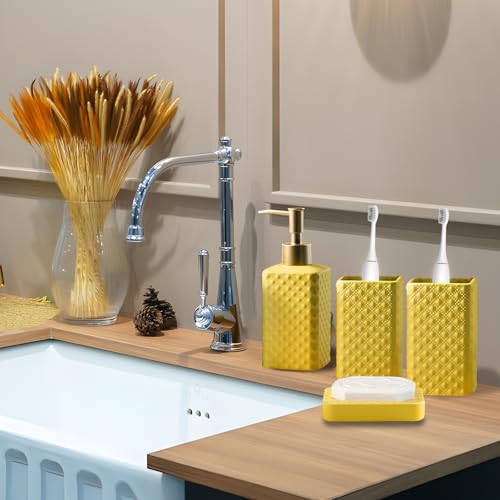 Jessie Bathroom Accessories Set, 3 or 4-Piece Ceramic Bathroom Accessory Set,Soap Dispenser,Toothbrush Holders Set,Tumbler,Soap Dish Embossed Matte Bathroom for Modern Bathrooms (Yellow 4-Piece Suit) - size: Yellow-4 Piece