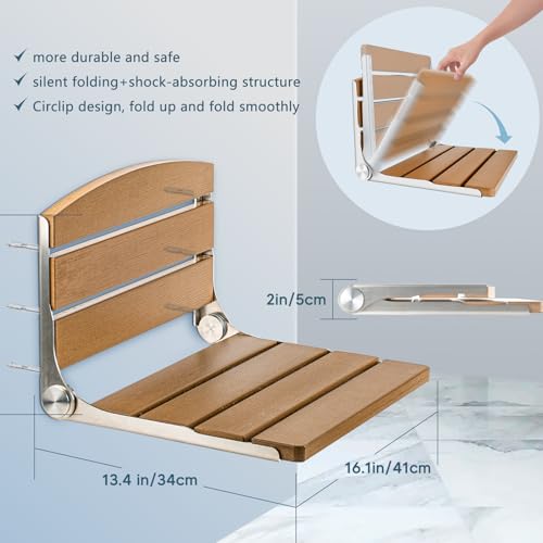 Folding Shower Seat, 16" Foldable Shower Chair Wall Mounted | Shower Seat for Inside Shower, Stainless Steel & Hdps Wood Fold Down Shower Bench for Elderly and Disabled - 400lbs
