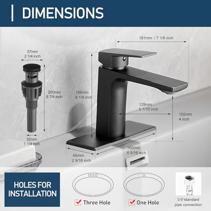 GENBONS Black Bathroom Faucets 1 Hole Single Handle Bathroom Sink Faucet with Pop-up Drain and 3 Hole Sink Deck Plate Rv Lavatory Vessel Faucet Basin Mixer Tap - color: Matte Black