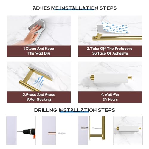 Paper Towel Holder Under Cabinet No Drilling, Self Adhesive Paper Towel Holder Wall Mount for Kitchen Rack, Under Counter Napin Holder No Drill, RV, 304 Stainless Steel, Gold Brass - color: Gold