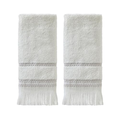 SKL Home Casual Fringe Fingertip Towel Set, 11" x 18", White, 2 Pack