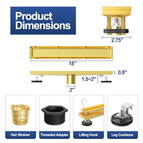 Neodrain 18-Inch Linear Shower Drain-Gold,with Tile Insert Grate | 304 Stainless Steel, Fast Drainage, Rectangle Shower Floor Drain with Leveling Feet & Hair Strainer, Fits Bathroom, Balcony - color: Gold, size: 18 IN